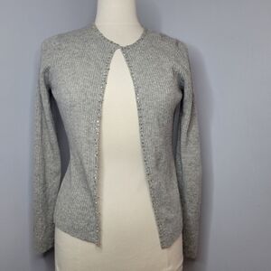 Cashmere Women's Medium Grey Ribbed Rhinestone Trimmed Classic Cardigan Sweater
